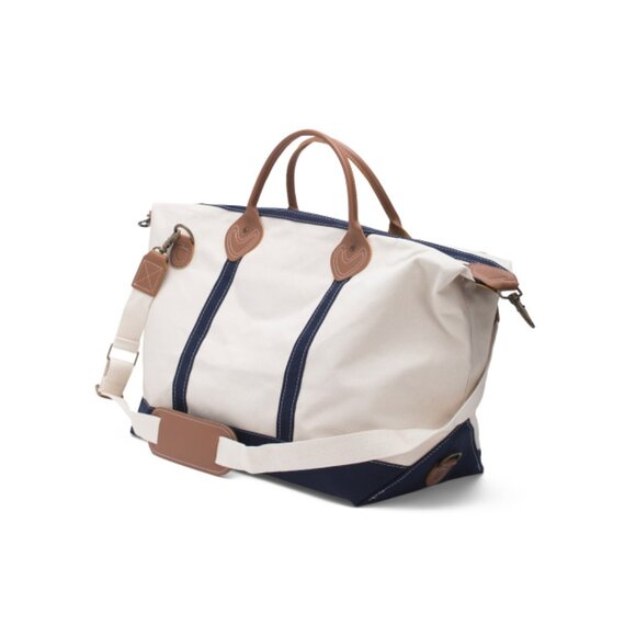 CB STATION Navy/cream 15in Canvas Weekender Duffel With Leather Handles - Picture 2 of 2